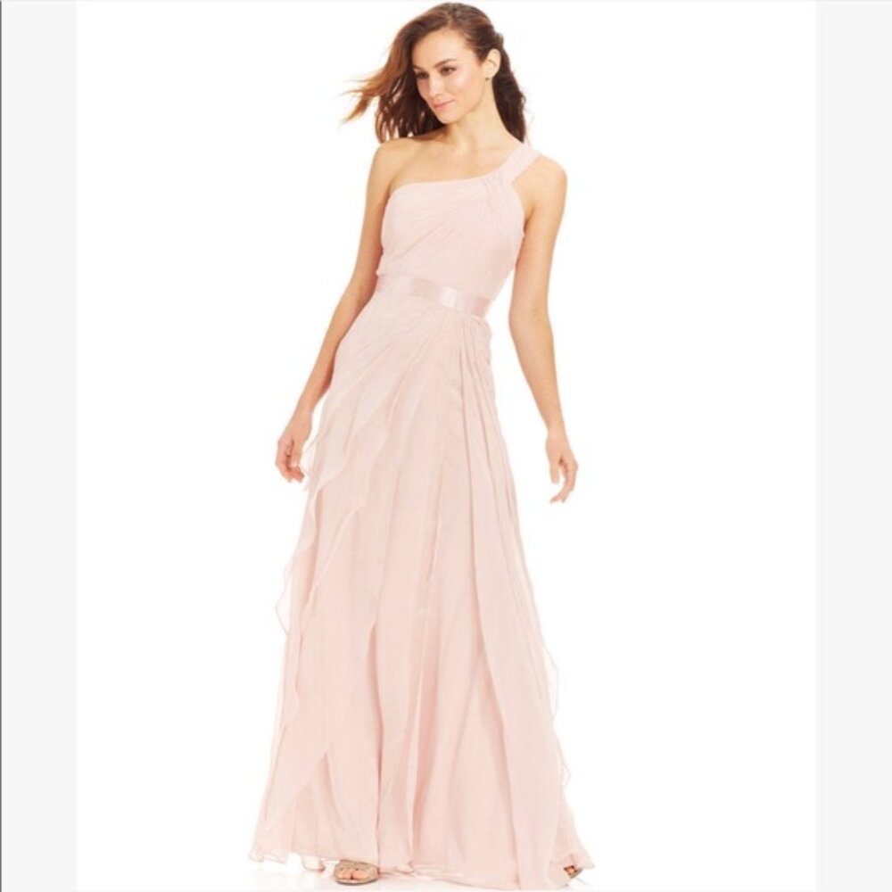 Adrianna Papell Chiffon One-Shoulder Gown Asymmetrical Dress Blush Pink Size 14